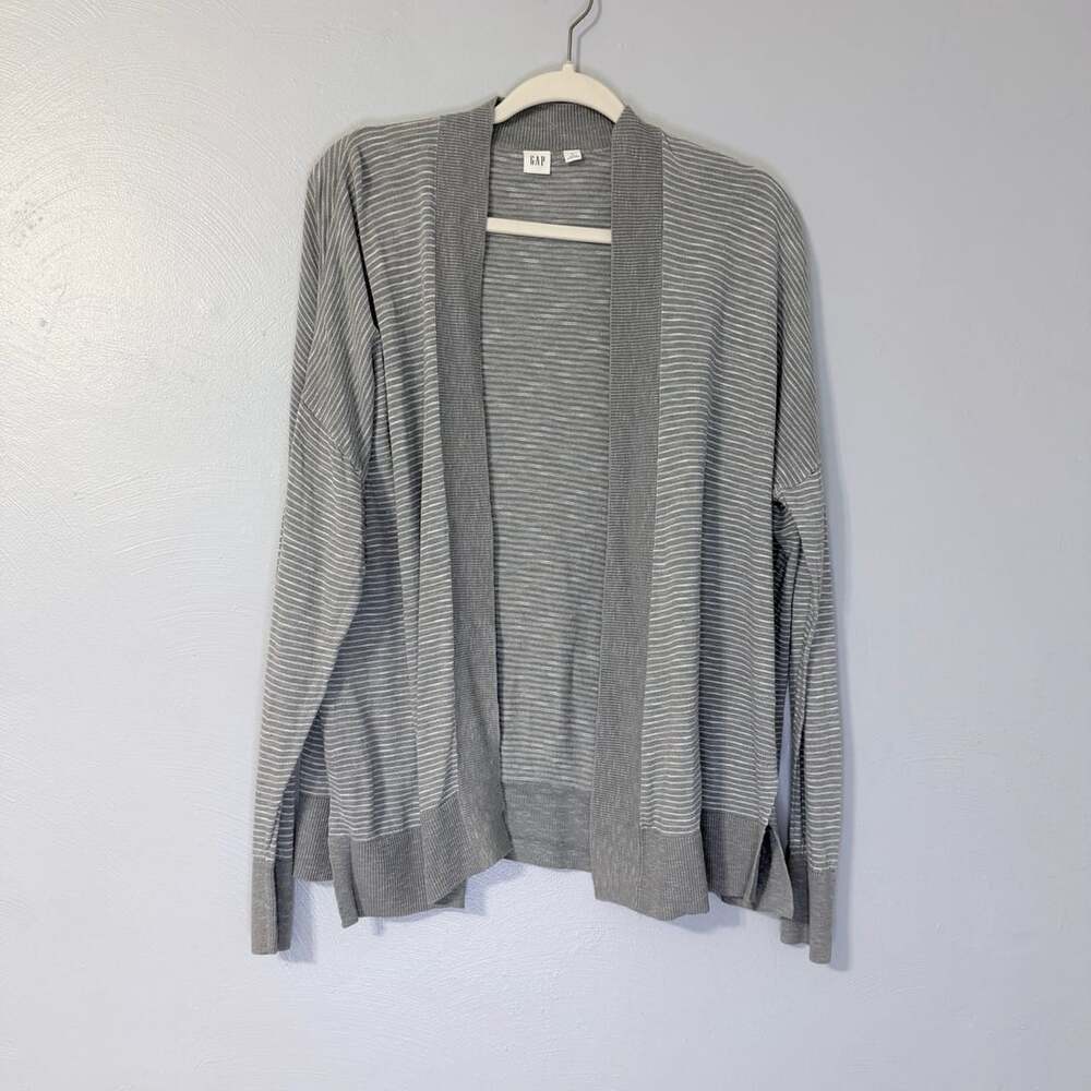 Gap Women's Gray and White Striped Open Front Cardigan Sweater Size L